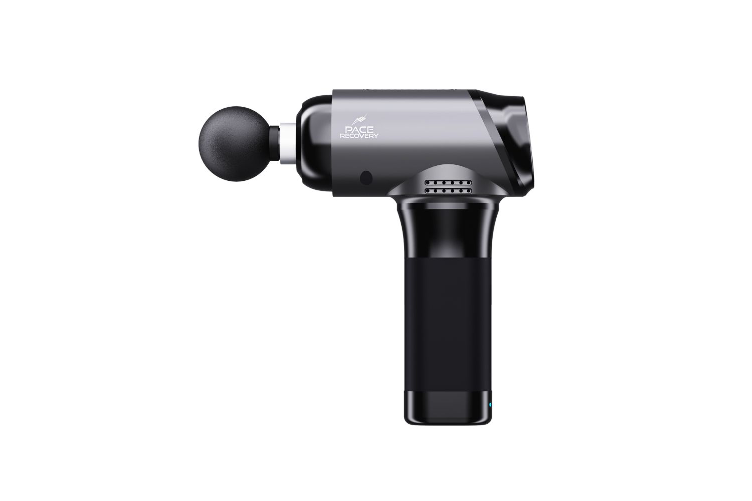 De 10 Beste Massage guns Om Spierpijn Te Verlichten 4 De Pace Recovery Elite 1 is een zwart-zilveren handmassagepistool met een afgeronde massagekop. Het strakke ontwerp is voorzien van een logo op de bovenkant en een geribbelde handgreep, wat zorgt voor een ergonomische vorm voor gebruiksgemak, ideaal voor spierherstel en -verlichting.