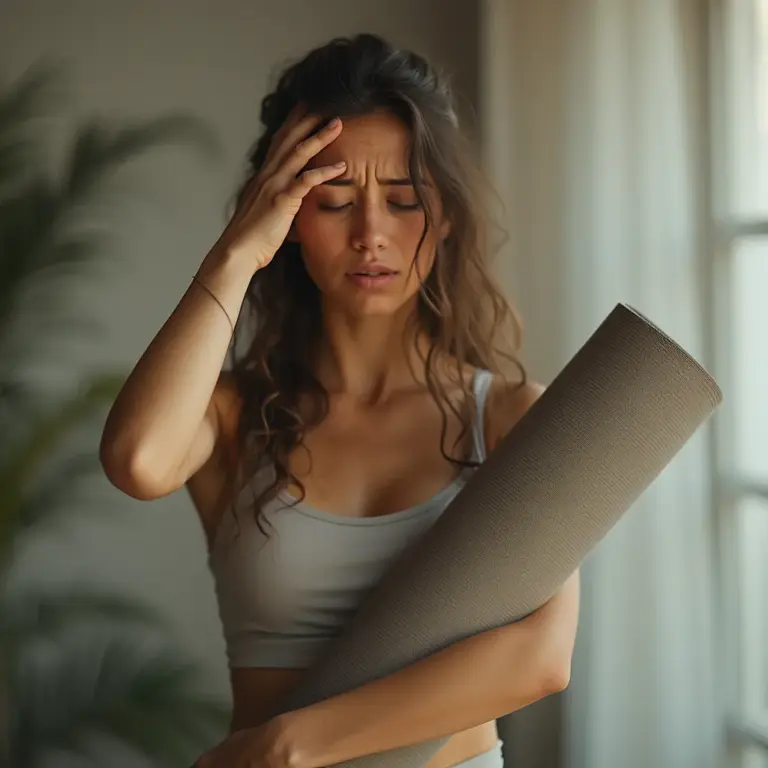 Een vrouw staat binnen, in een sportbeha en met een yogamat onder haar rechterarm. Haar rechterhand rust op haar voorhoofd, tekenen van hoofdpijn na yoga. Haar ogen zijn gesloten, haar haar los.