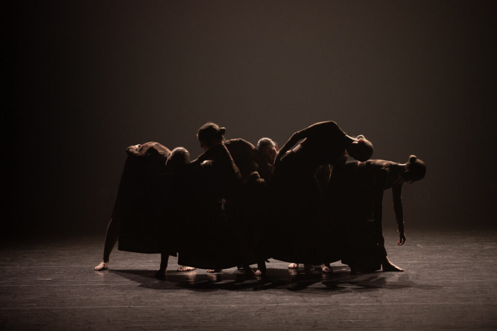 Zes dansers in lange, donkere kostuums staan dicht bij elkaar op een schemerig podium, hun lichamen leunend en buigend in harmonie. Zachte, warme belichting creëert dramatische schaduwen, die hun gesynchroniseerde, expressieve poses en de minimalistische, theatrale sfeer benadrukken.