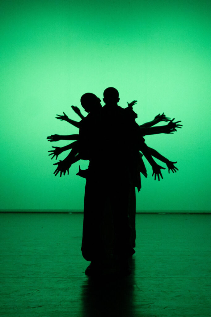Silhouetten van twee personen staan achter elkaar op een podium met een groene achtergrond. De vele uitgestrekte armen zijn in verschillende richtingen gespreid, waardoor een opvallend visueel effect ontstaat dat lijkt op een figuur met meerdere armen.