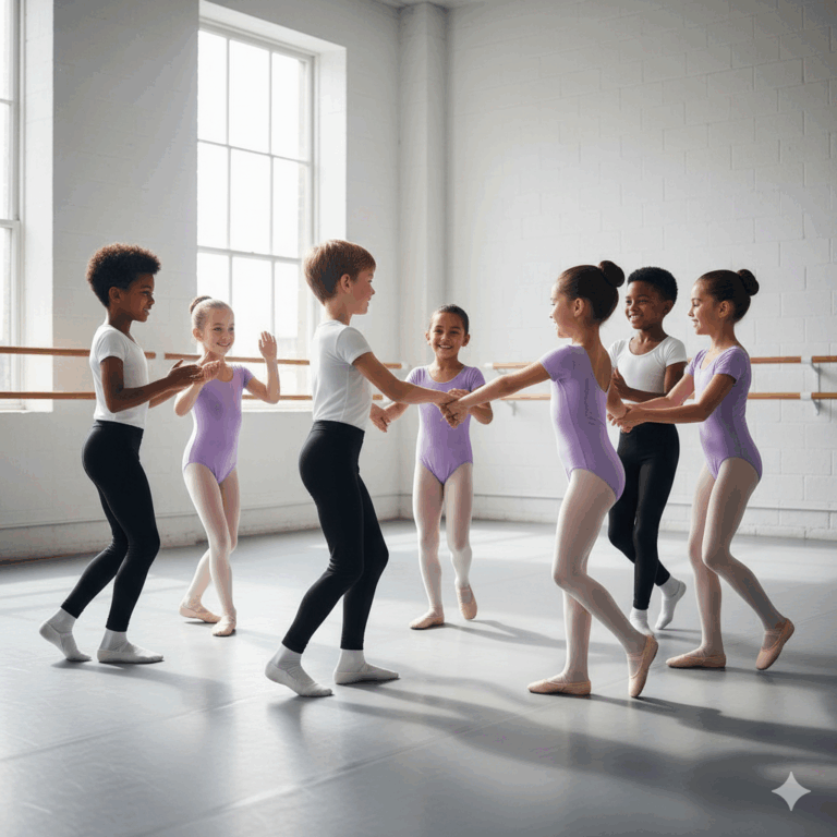 Zeven jonge kinderen in balletkleding tonen samenwerking, houden elkaars hand vast en glimlachen in een lichte dansstudio met grote ramen en spiegelende muren.