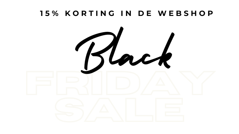Tekst op een witte achtergrond: 15% KORTING IN DE WEBSHOP boven groot schrift Ndigo Black en vage blokletters FRIDAY SALE erachter.