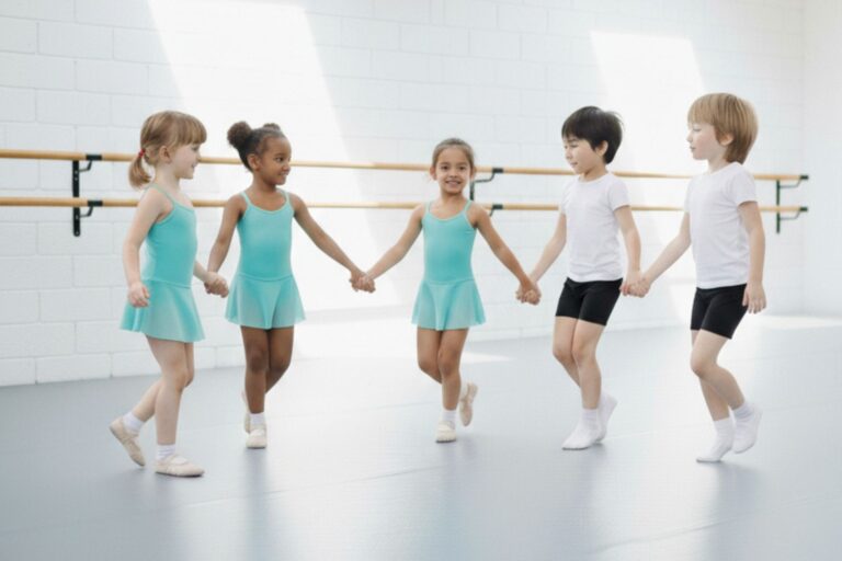 Vijf jonge kinderen in balletkleding houden elkaars hand vast, glimlachen en dansen samen in een lichte Peuterdans-studio met spiegels en balletbarres.