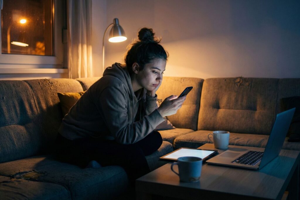 Een vrouw oefent Digitale Detox 's avonds op een bank, omringd door gadgets en mokken in een zacht verlichte, rustgevende kamer.