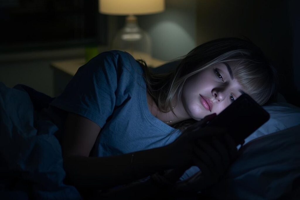 Een jonge vrouw ligt 's nachts in bed, verlicht door het scherm van haar telefoon, stil te overwegen of het tijd is om te doomscrollen.