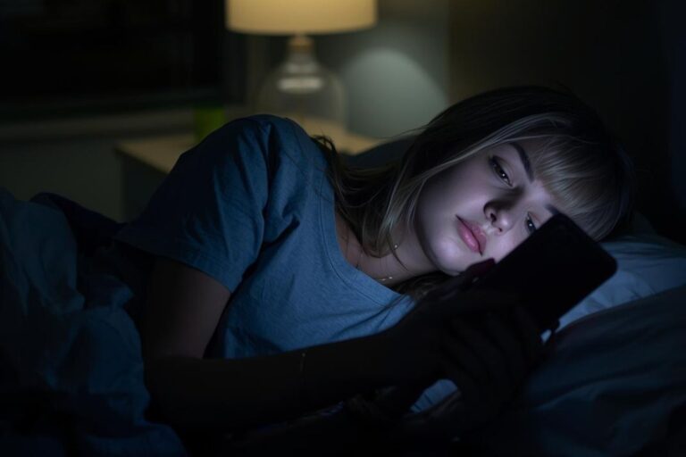 Een jonge vrouw ligt 's nachts in bed, verlicht door het scherm van haar telefoon, stil te overwegen of het tijd is om te doomscrollen.