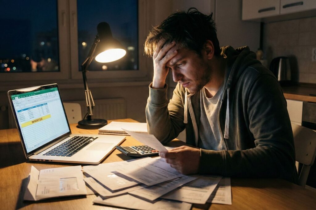 Een man zit aan een bureau met rekeningen, een laptop en een lamp en toont duidelijke financiële stress terwijl hij 's nachts documenten doorneemt.