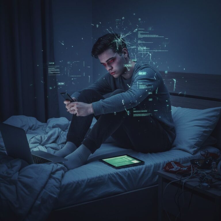 Een vermoeide Gen Z-tiener zit 's nachts op bed, omringd door schermen en digitale code-slaapproblemen die hem gefocust houden op zijn telefoon.